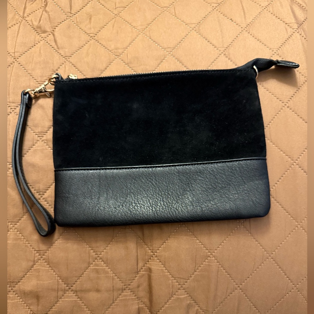 Designer Women’s Elegant Black Leather and Suede Envelope Clutch Crossbody